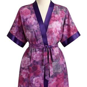 VINTAGE Sheer Floral Purple Multi-Color Double Tie Waist Robe Size Medium